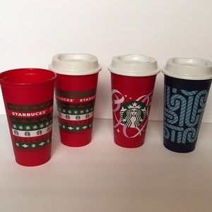 4 pack Starbucks Holiday 16 fl oz cups with‎ 3 lids